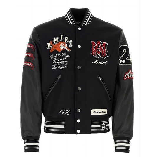AMIRI Appliquéd Embroidered Wool-Blend Twill and Leather Varsity Jacket