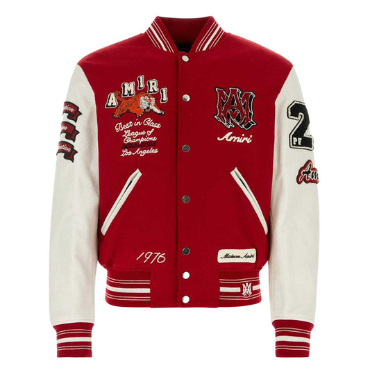 AMIRI Appliquéd Embroidered Wool-Blend Twill and Leather Varsity Jacket